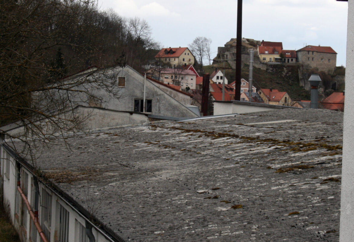 Die alte ehemalige Halle. Sehr heruntergekommen und niedrig gebaut. Links ein paar trockene Bäume. rechts im Hintergrund Die Burgruine und Häuser.