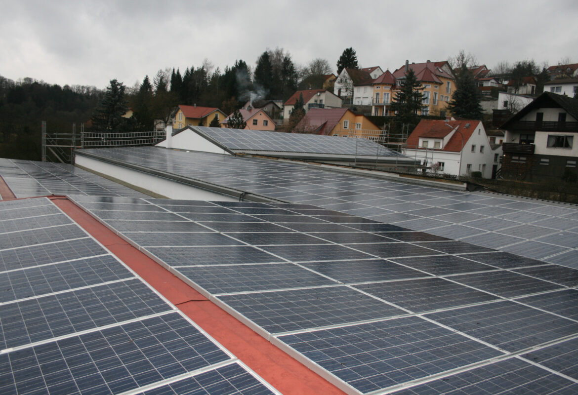 Ein Blick über die Große Solar Anlage der Firma. Im Hintergrund Häuser und Bäume.